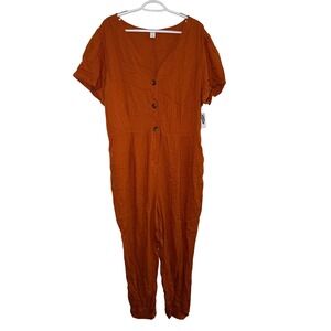 NWT Old‎ Navy Rust Orange Linen Blend Short Sleeve Button Front Jumpsuit Tall XL